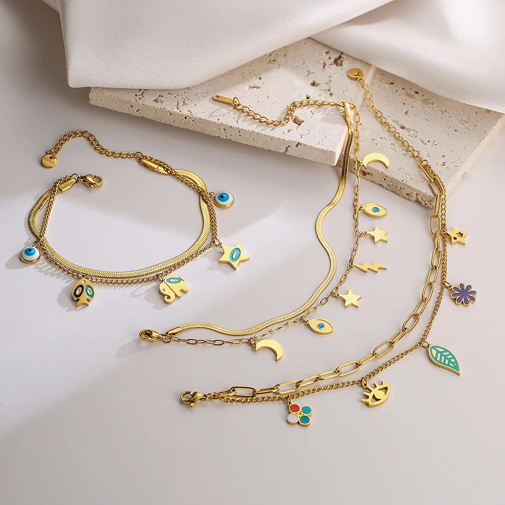 Tarnish Free Stainless Steel Layered Chain Flower Star Moon Evil Eye Charm Bracelet 18k Gold Double Layer Bracelet for Women