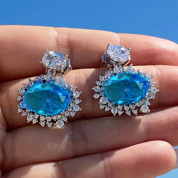 CAOSHI Oval Cut Sea Blue Zircon Crystal Water Drop Big Flower Earring Girls Fashion Jewelry 2025 Earrings Women