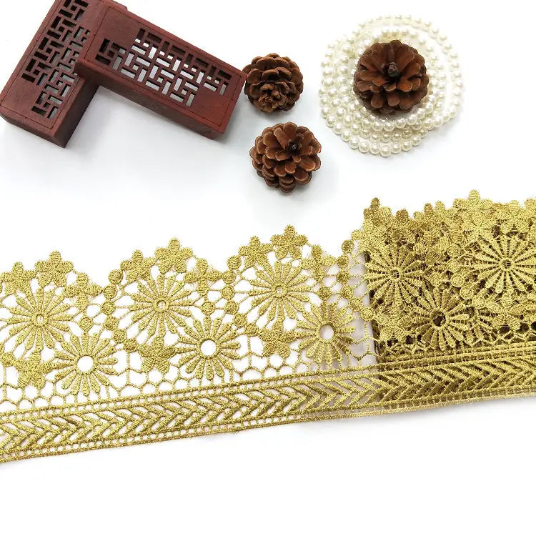 Classic 12.5CM Golden Metallic Polyester Edge Embroidery Lace Trim for Dress Curtain Garment Decoration J08-Ready Stock!