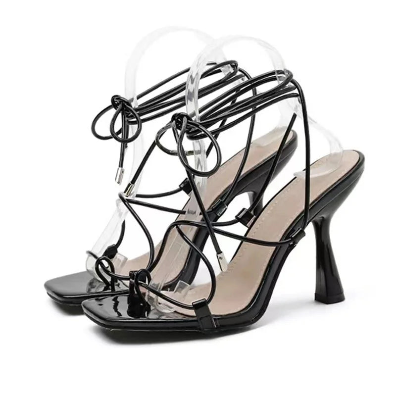Women's Roman Style Strappy High Heeled Sandals Solid Colour Simple Ladies Fine Heeled High Heels Retro Party Women's Shoes
