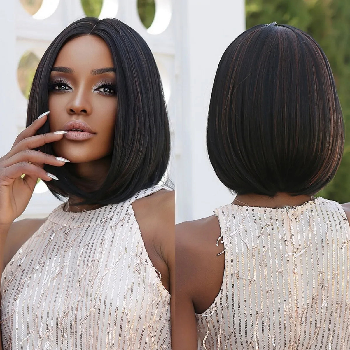 Factory Outlet Black Brown Highlight Red Short Bob Synthetic Wigs Straight Wig Middle Part for Women