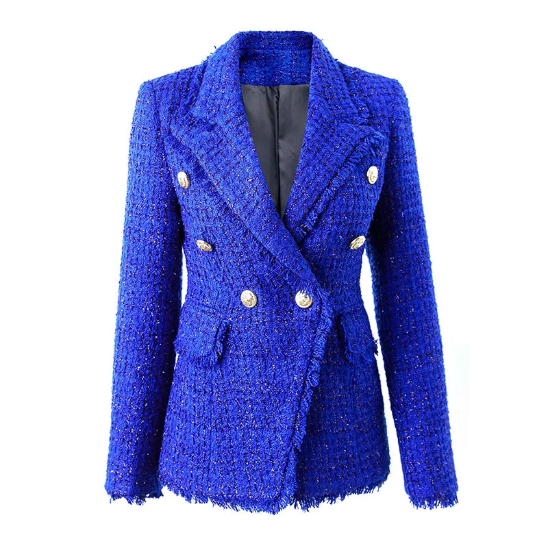 New Winter Thick Fabric Tweed Royal Blue Jackets for Women 2022 Shining Skinny Luxury Lady Blazer