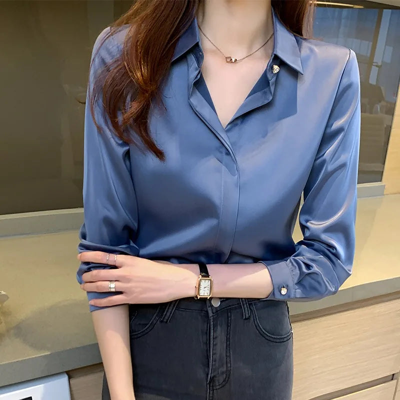 Long Sleeve Turn Down Blouse Women Blusas Mujer De Moda 2025 Casual Satin Blouse Shirt Women Tops Blusa 8298#