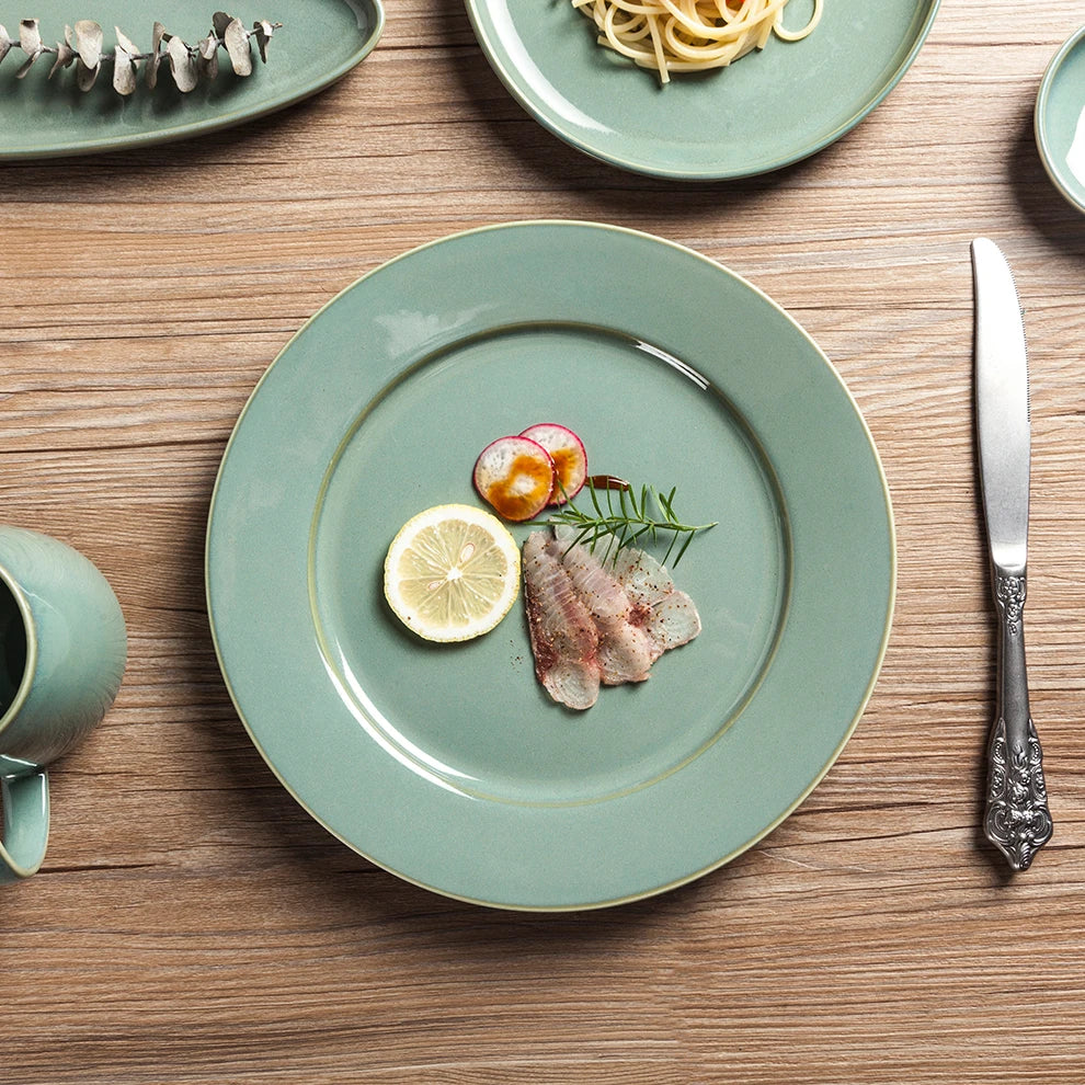 Banquet Party Main Dishes Reactive Green Color Glaze Flat Ceramics Platos De Porcelana Para Restaurant