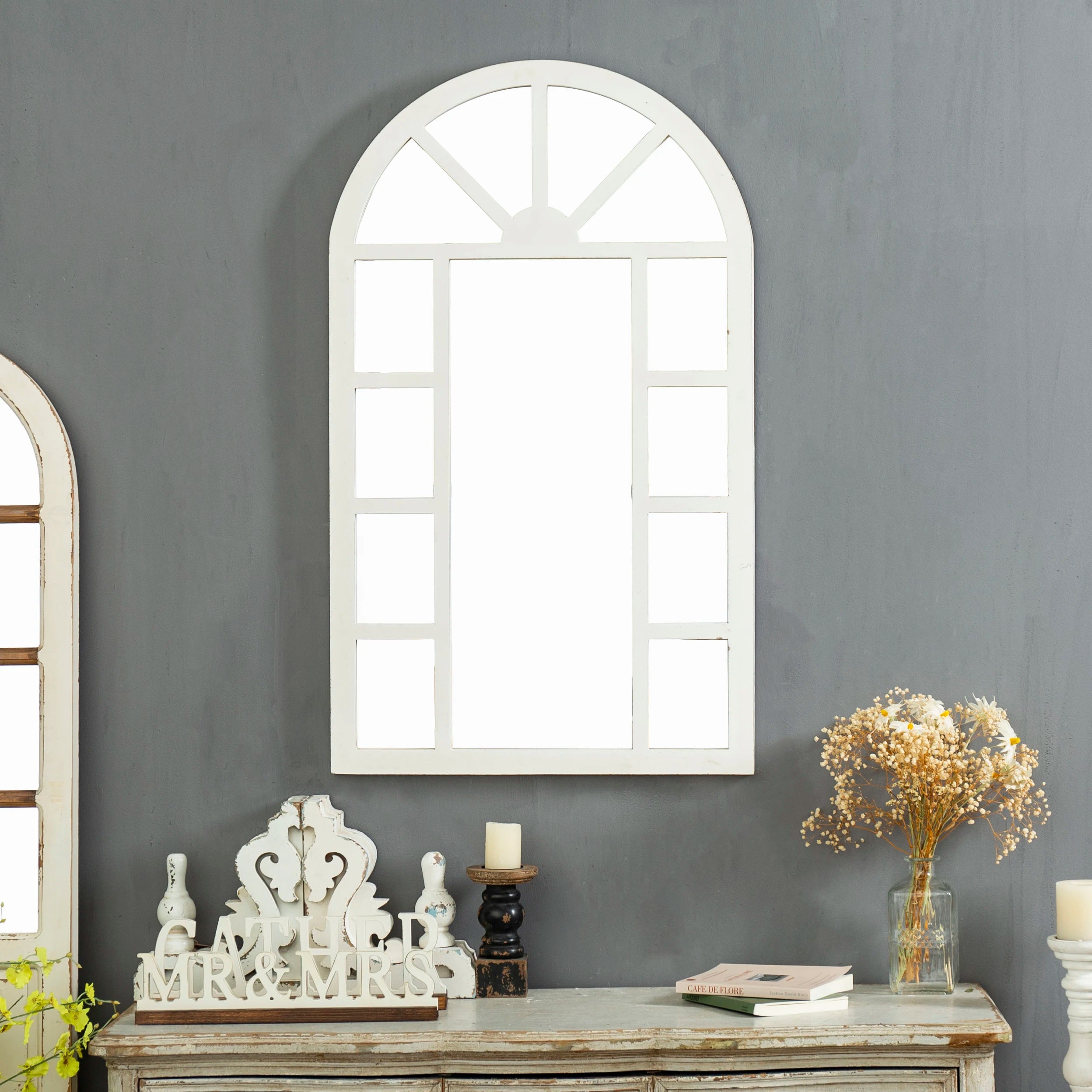 Custom Shabby Chic White Wood Big Full Length Long Body Dressing Espejo Mirrors Arch Rustic Wooden Wall Floor Standing Mirror