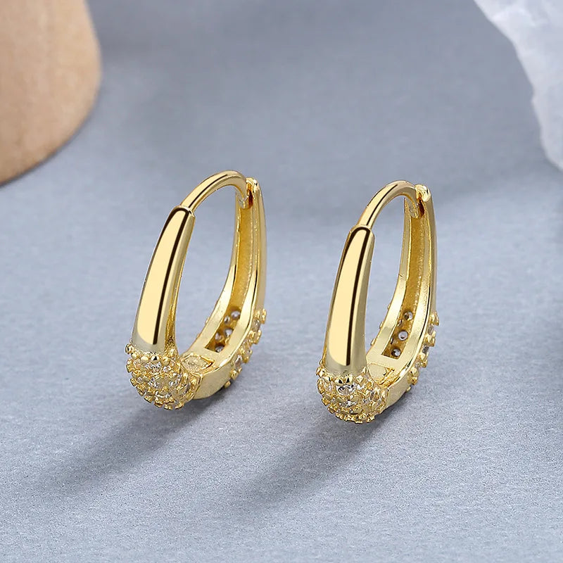 Fine Jewelry 925 Sterling Silver Statement Earrings Geometric Arched Oval Shape Zircon Gold Plated Hoop Earrings Women
