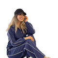 KY Stripe Piping Plazo Suit for Women Zipper up Brand Jacket and Plazo Pants Sweatsuit