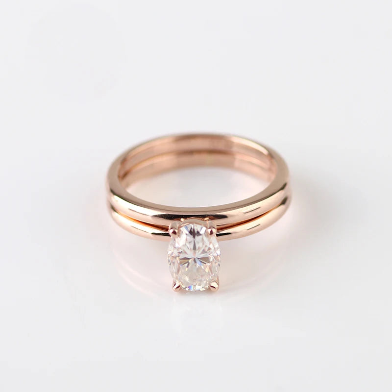 HQ GEMS 1Carat Oval Cut G VS2 GIA Natural Diamond 14K Rose Gold Stacked Ring Set Engagement Ring for Women