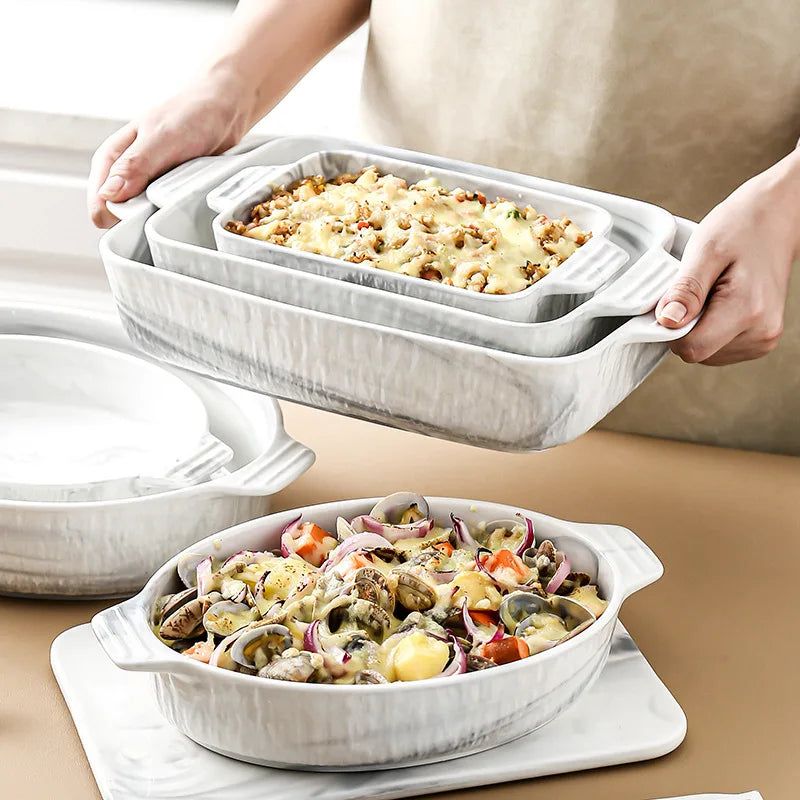 Nordic Marble Pattern Baking Tray Ceramic Baking Tray Rice Bowl Large Capacity Microwave Oven Baking Utensils Dinner Plate