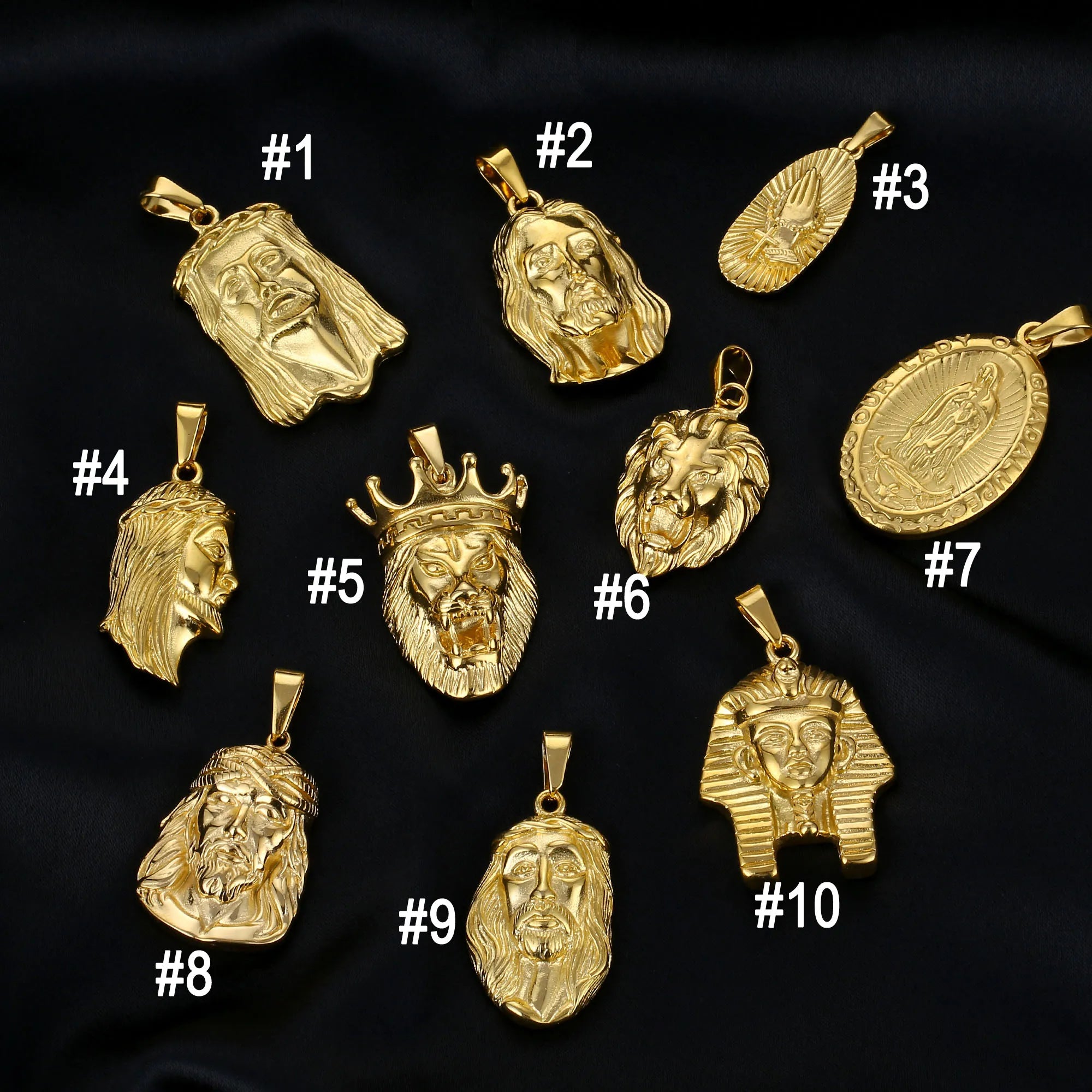Hot Sell Religious Jesus Head Pendant Stainless Steel Gold Pharaoh Charm Christian Pray Hands Mary Necklace King Lion Pendant