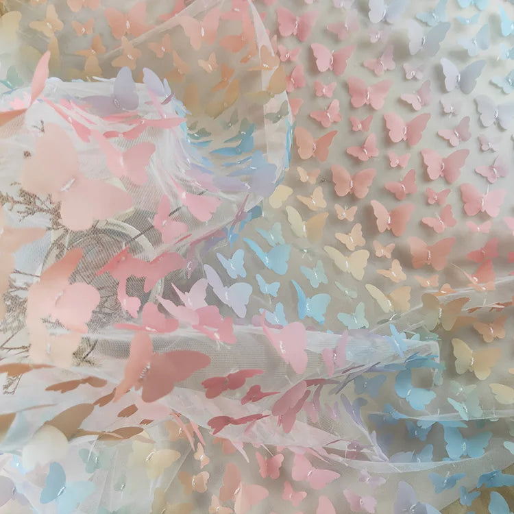 Hot Selling 3D Gradient Colorful butterfly Applique Lace Embroidery Net Mesh Fabric