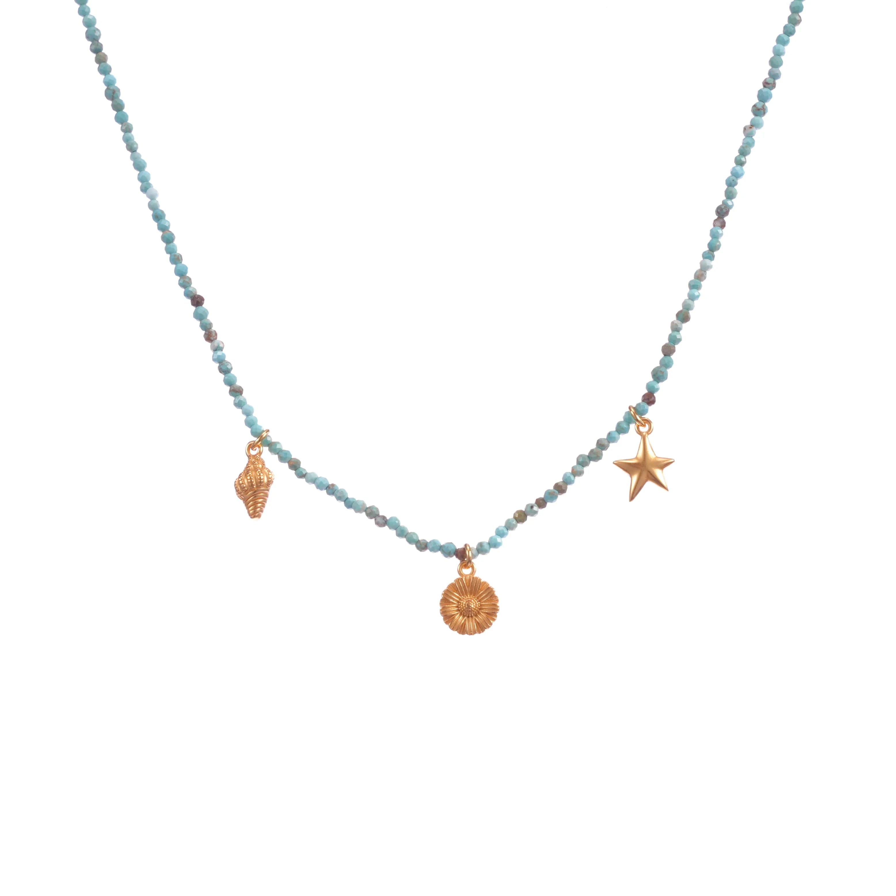 Light Luxury Real Real Gold Plated Brass Whelk Star Flower Pendant with Blue Beads Necklace for Women Fashion Jewelry