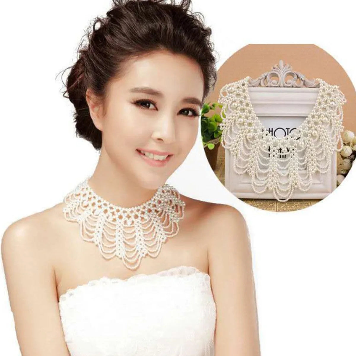 Women Fashion Pearl Beaded Bib Choker Necklace Flower Petal Collar Jewelry Accessories