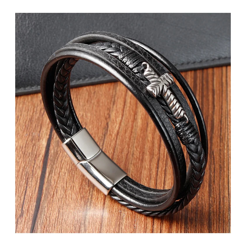 Bible Verse Christian Classic Cross Men Bracelet Black Woven Genuine Leather Rope Chain Bracelet Stainless Steel Jewelry OT-166