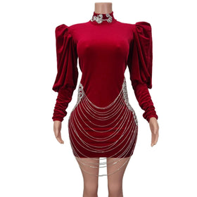 Vestido Elegant Rhinestone Tassel Birthday Wedding Formal Velvet Dress Ladies Night Club Prom Dress Women Party Evening Dresses