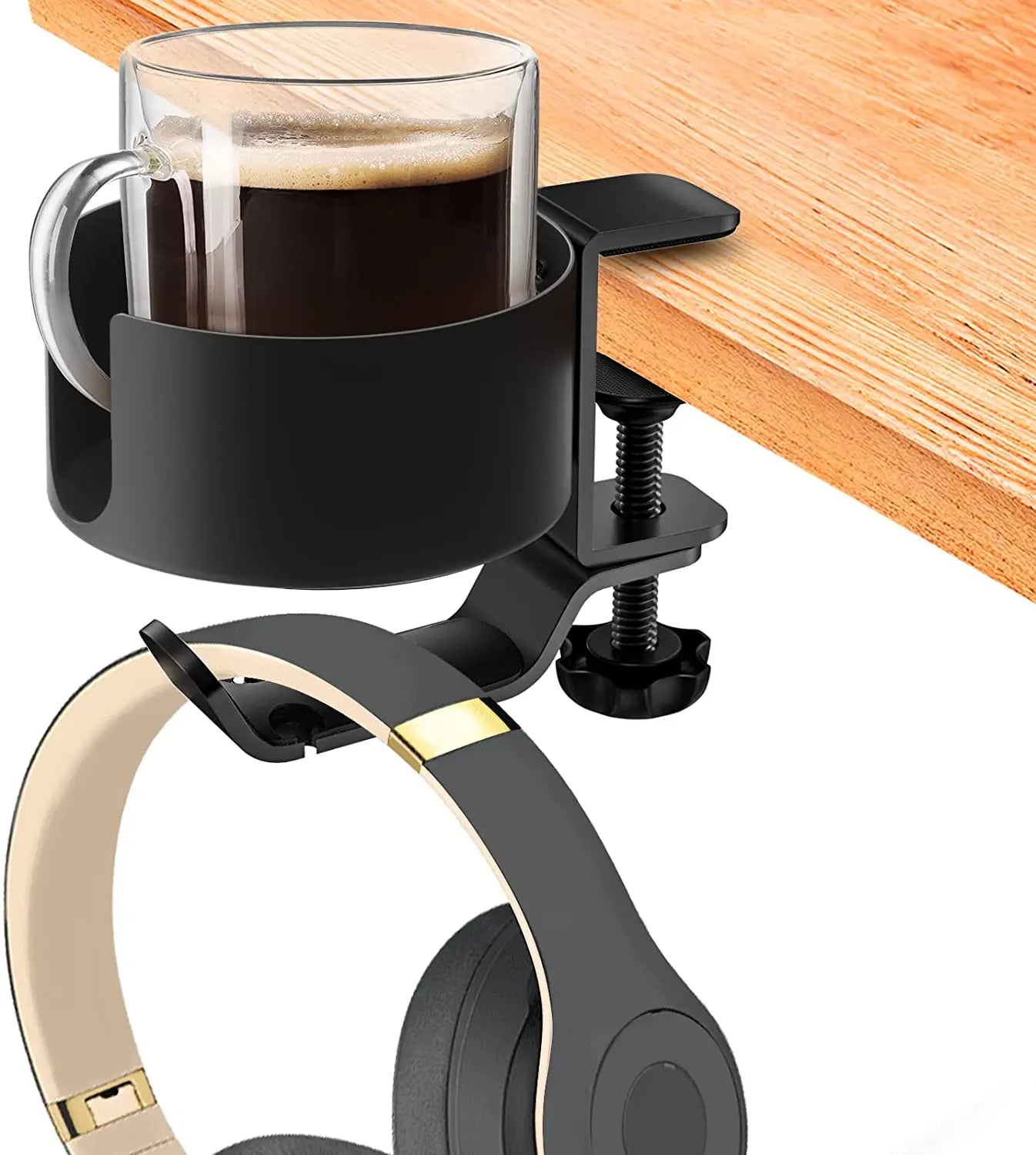 Large Desk Cup Holder 2 in 1 Steel Desk Cup Holder with Headphone Hanger