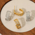Vintage Light Luxury Round Stud Earrings Stainless Steel Gold Plated Hollow Mesh Zircon Trendy Women's No Tarnish Jewelry