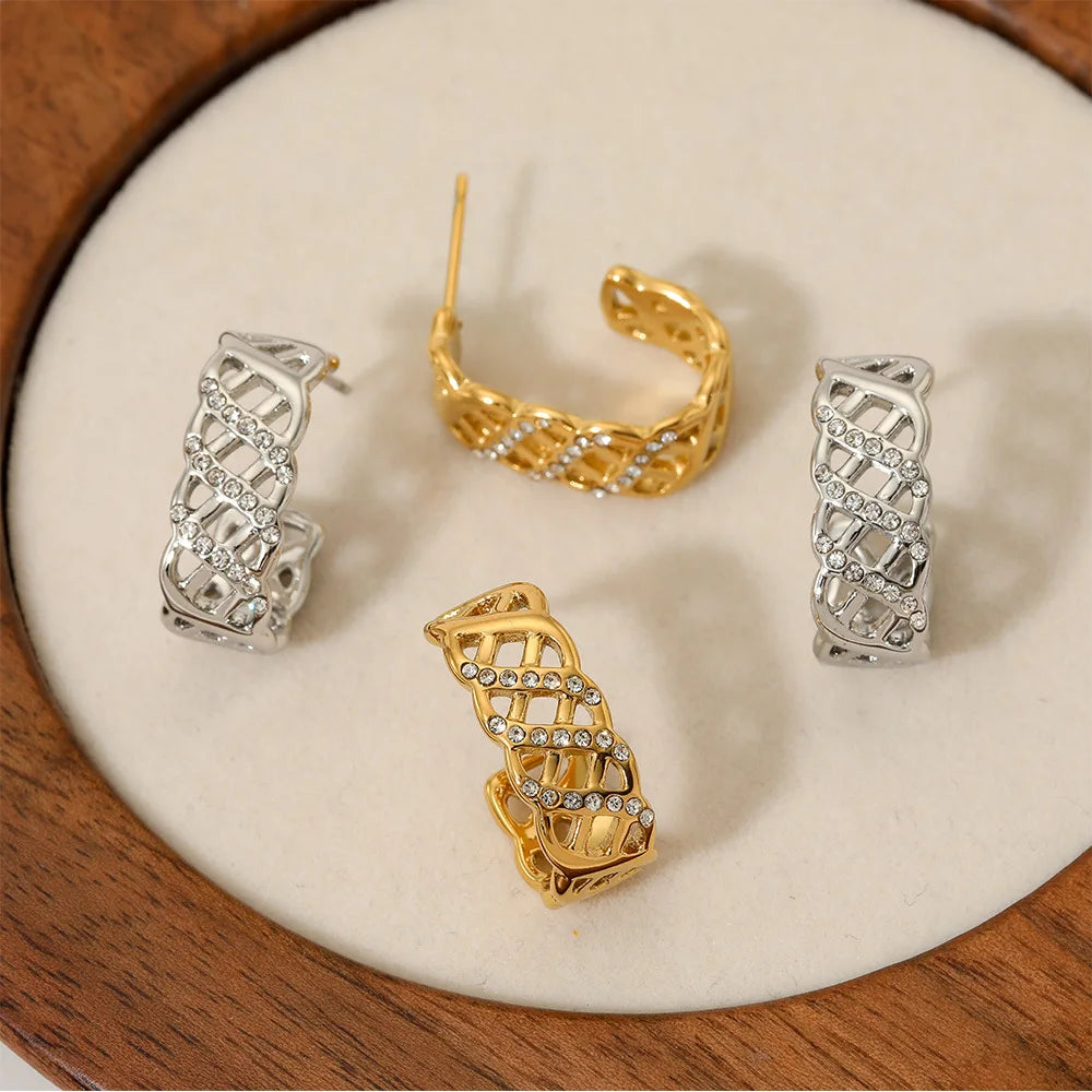Vintage Light Luxury Round Stud Earrings Stainless Steel Gold Plated Hollow Mesh Zircon Trendy Women's No Tarnish Jewelry
