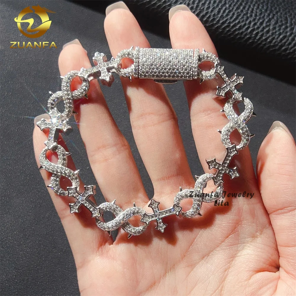 New Fashion Hip Hop Style 13MM 925 Sterling Silver Infinity Mixed Cross Iced Out Moissanite Bracelet