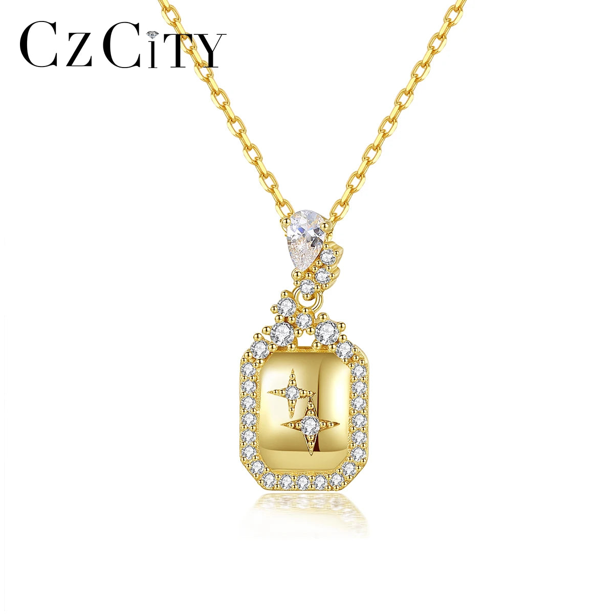 CZCITY Lady Cute Cubic Zirconia Gold Chain Plated Jewelry Silver 925 Vintage 2026 Square Necklace
