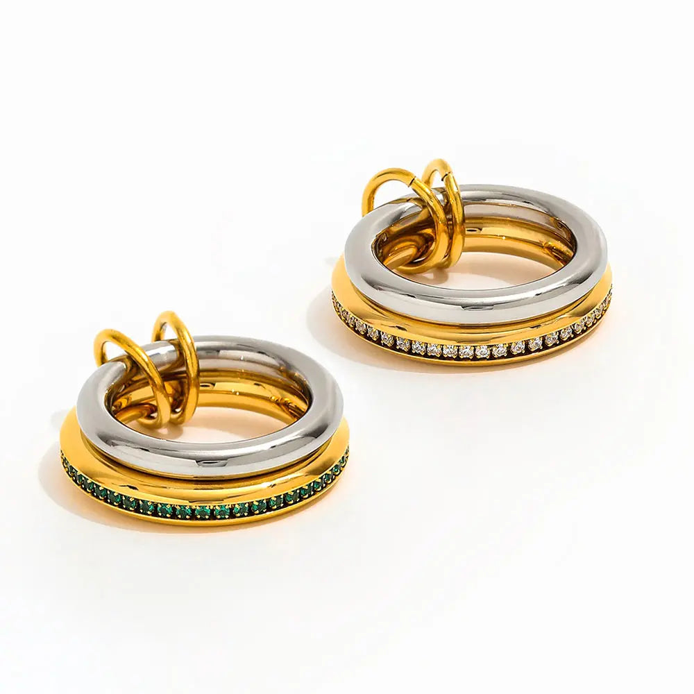 High End 18K Gold Plated Stainless Steel Green Zircon Pave Surround Waterproof Two Tone Layered Trendy Joint Ring for Party Gift