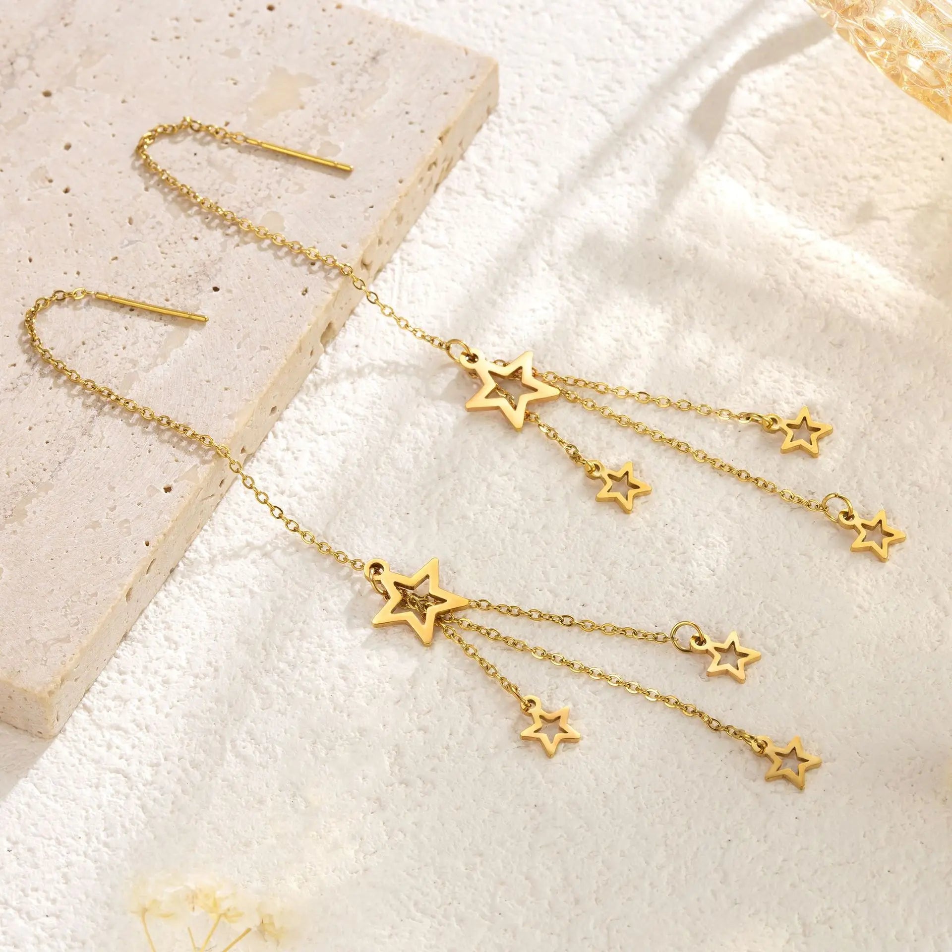 Shooting Star Threader Earrings PVD Gold Plated Stainless Steel Long Dangle Waterproof Non-Tarnish Celestial Jewelry Wholesale