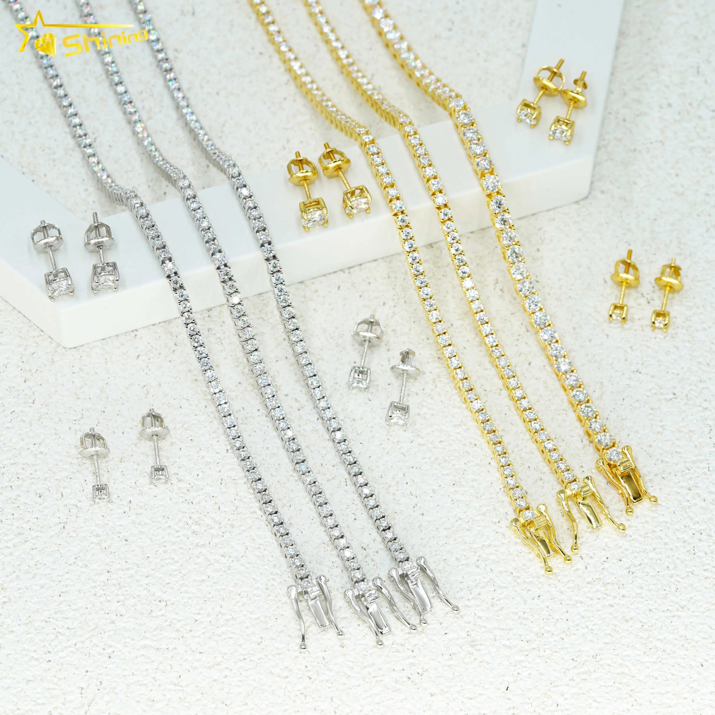 Shining Jewelry Ready to Ship 2mm Tennis Bracelet Earring Jewelry Set Vvs Moissanite Diamond Tennis Jewelry Gold Silver