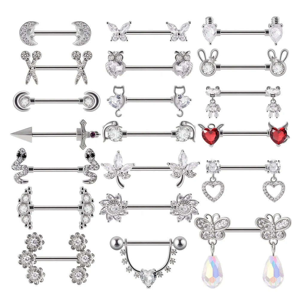 Cute Stainless Steel Crystal Zircon Nipple Barbell Piercings Heart Flower Nipple Shield Cover and Rings Stone Body Jewelry