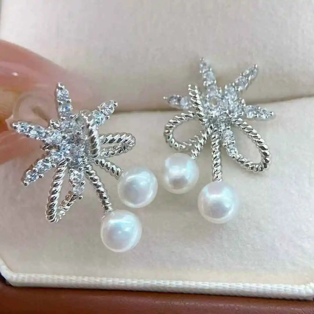 New 5-6mm Natural Freshwater White Zircon Crystal Pearl Stud Earrings for Women Cute Flower-Shaped Fresh Bread Pearl Studs