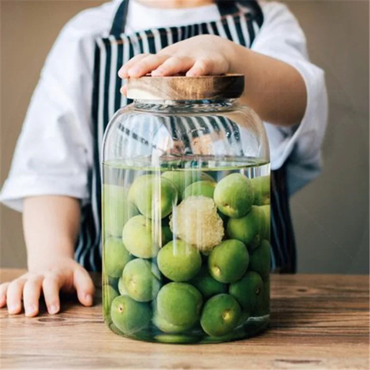 Wholesale Empty Kitchen Large Food Grade Glass Storage Jar Container with Wooden Cover Multifunctional Freshness Preservation