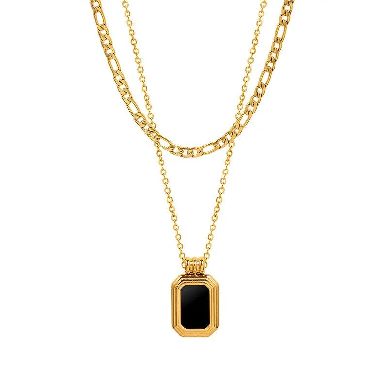 Nabest Women Figaro Necklace 18K Gold Plated Stainless Steel Tarnish Free Layers Rectangle Pendant Clavicle Chain Jewelry