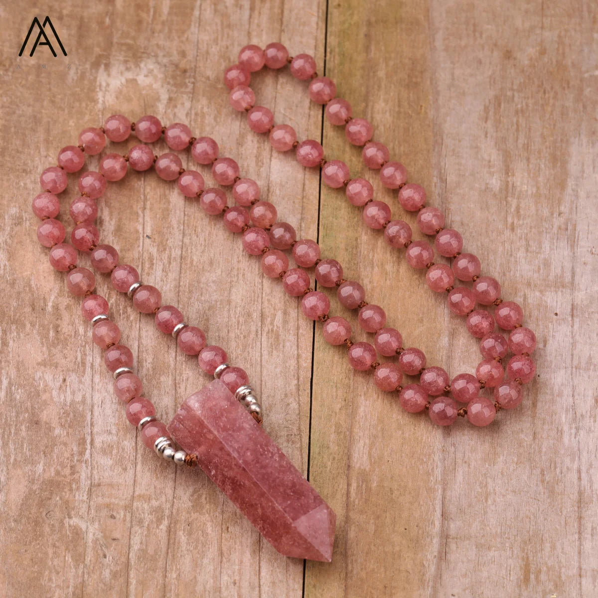 Strawberry Quartz Crystal Necklace  108 Mala Bead  Handmade Knotted Necklaces for Women Gifts