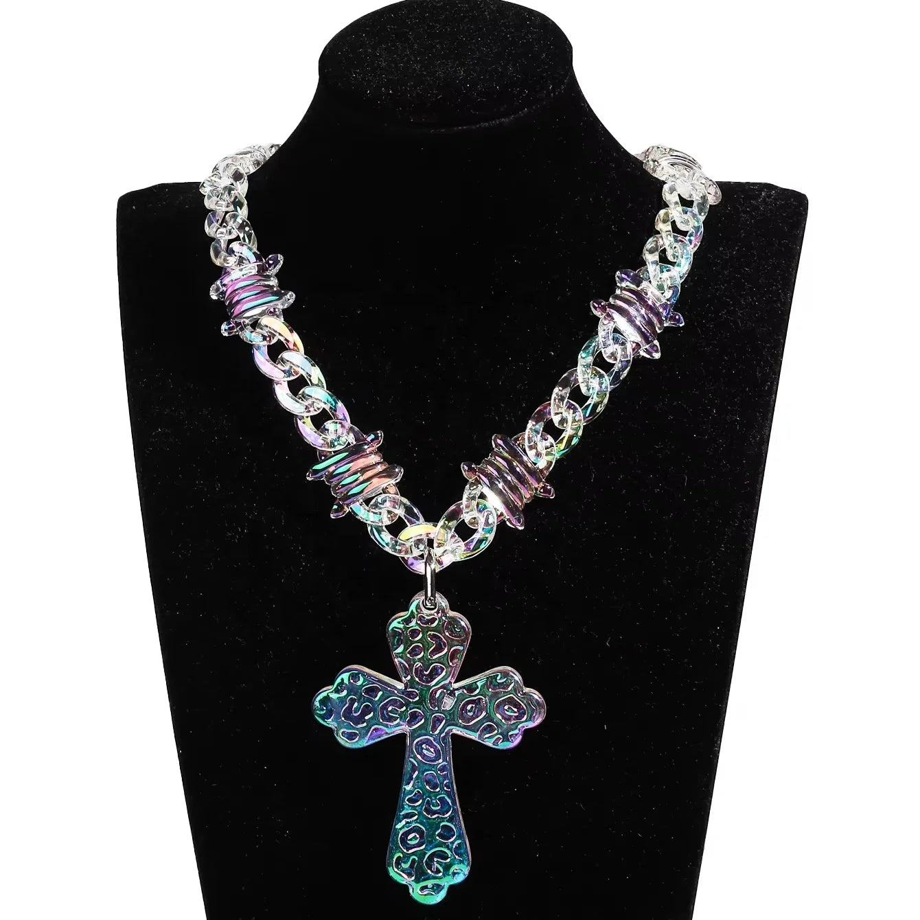 New Ins Hip Hop Chunky Necklace Clear Thorns Link Chain Party Jewelry AB Color Cool Cross Pendant Laser Acrylic Necklace for Men