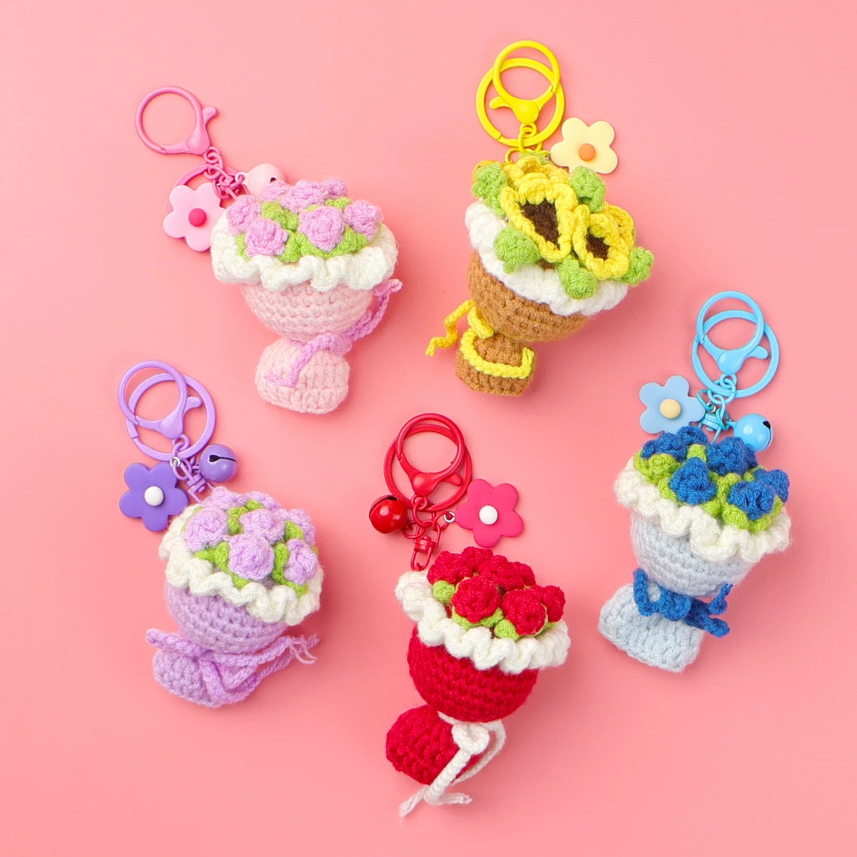 Creative Multi Color Crochet Bouquet of Flowers Keychain & Pendant Wholesale Artificial Woolen Knitted Flower Plant Ornament