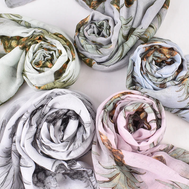 190x85cm Pineapple Print Polyester Imitation Cotton Linen Scarf | Lightweight Breathable Summer Beach Scarf for Women