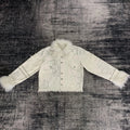 DENIMGUYS High Street Men's Faux Fur Collar and Cuffs Customized Raw Hem Rhinestone Distressed Jacket Outwear
