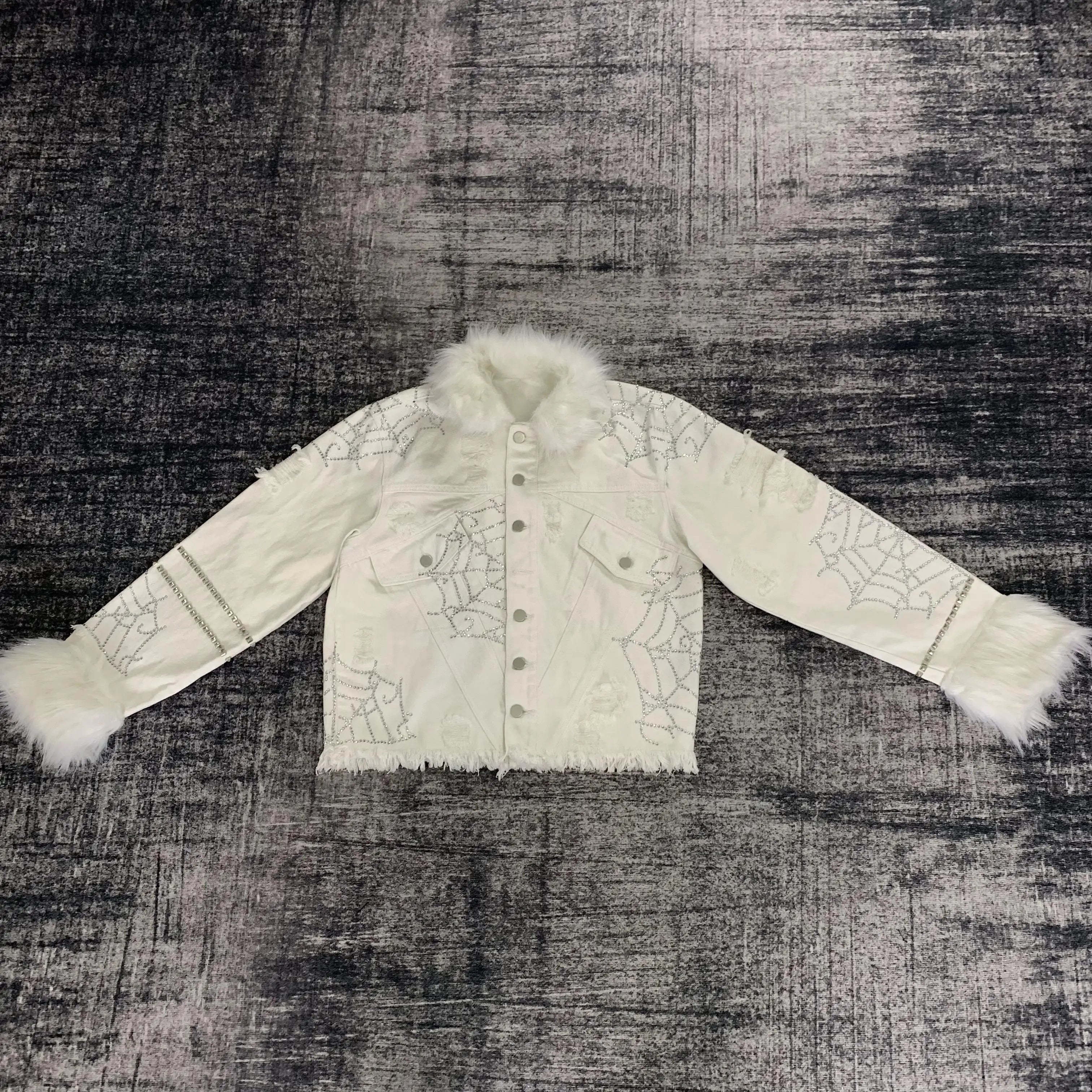 DENIMGUYS High Street Men's Faux Fur Collar and Cuffs Customized Raw Hem Rhinestone Distressed Jacket Outwear