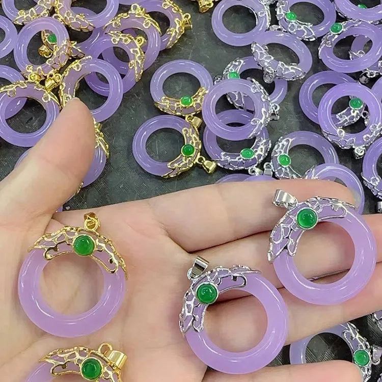 YL0101 Exquisite Natural Purple Jade Doughnut Pendant with 18K Gold Plated Brass Metal Accents for Necklace Making