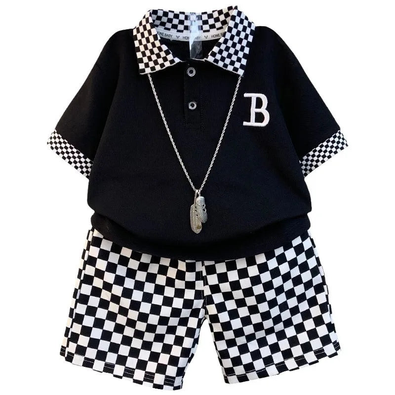 East Brilliant ODM/OEM Wholesale Fashionable Summer Kids' Clothing Causal Boys' Casual Polo Shirt Plaid Pattern Set for Kids