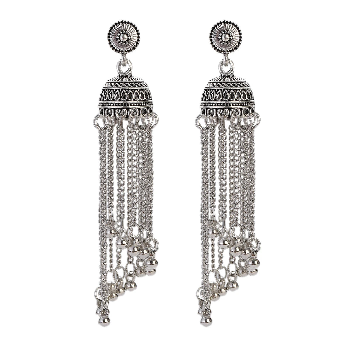 Ethnic Silver Color Beads Tassel Wedding Earrings Retro Women Black Flower Indian Eardrop for Engagements and Weddings