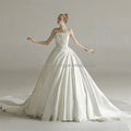 French Satin Bridal Wedding Dress New Bride Slimming One Line Shoulder Train Wedding Dress Simple & Generous Satin Wedding Dress