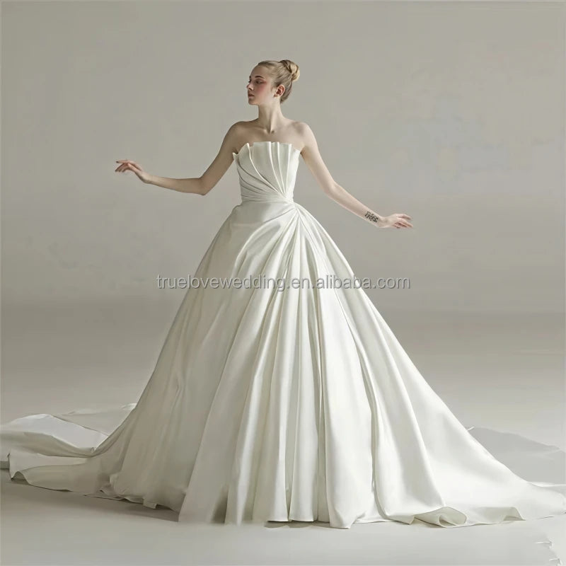 French Satin Bridal Wedding Dress New Bride Slimming One Line Shoulder Train Wedding Dress Simple & Generous Satin Wedding Dress