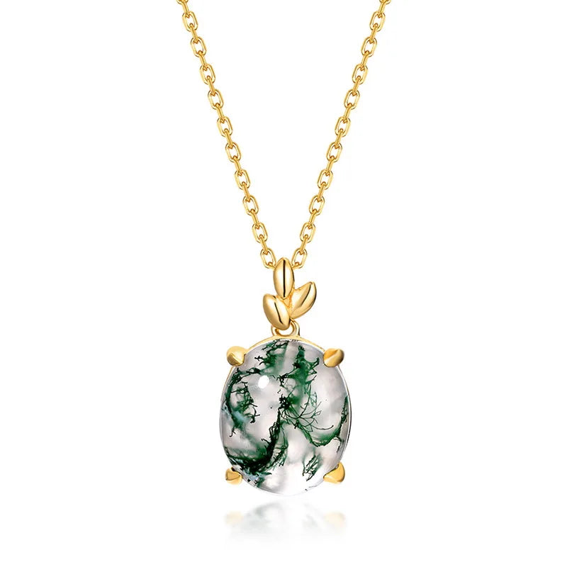 Green Moss Agate Oval Gemstone S925 Sterling Silver Rhodium Plated 18K Gold Custom Pendant Necklace Fashion Jewelry Necklace