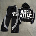 Custom Mens Flared Sweatpants and Hoodie Set Tech Fleece Tracksuit Acid Wash Embroidered Hoodie and Stacked Jogger Set Men