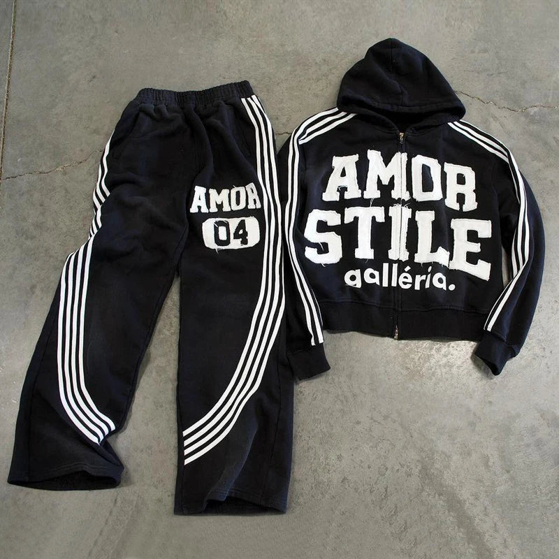 Custom Mens Flared Sweatpants and Hoodie Set Tech Fleece Tracksuit Acid Wash Embroidered Hoodie and Stacked Jogger Set Men