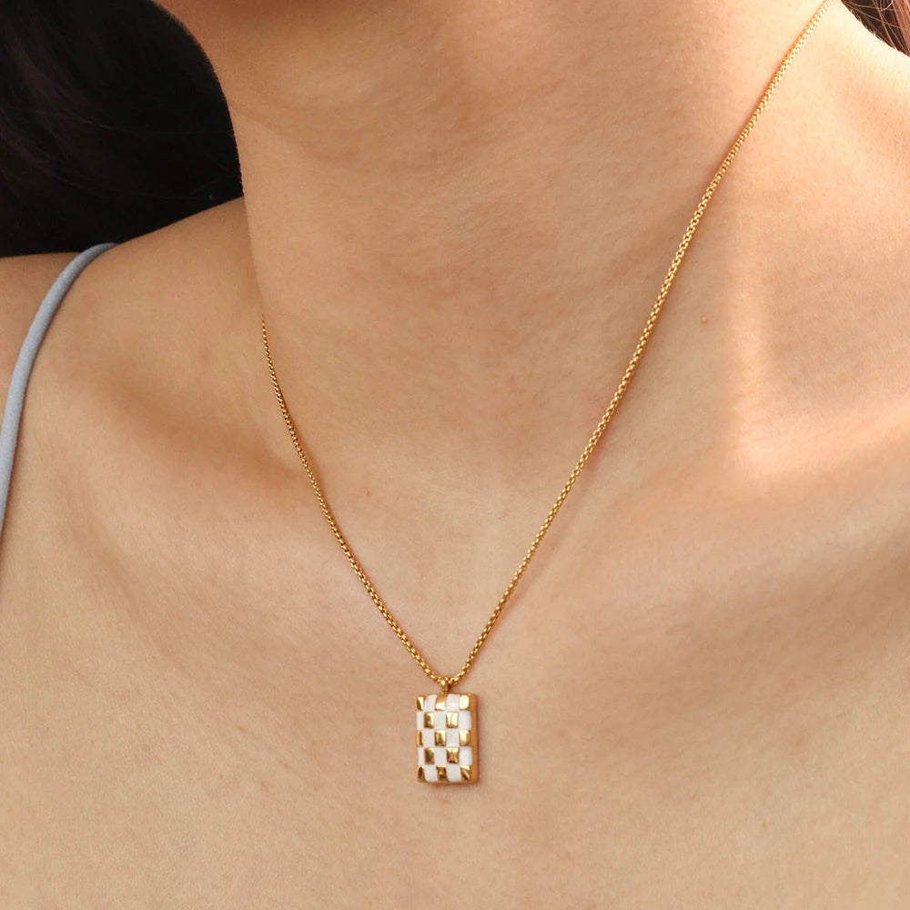 Chris April in Stock 316L Stainless Steel 18k PVD Gold Plated Checkboard Box Chain Enamel Pendant Necklace