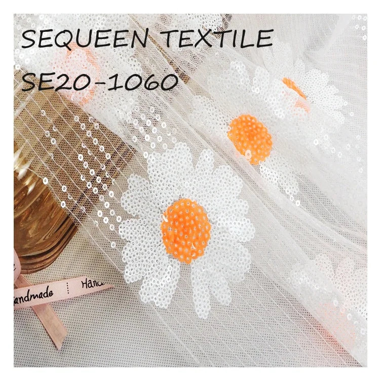 Flower Daisy Transparent Sequin Spangle Mesh Fabric Embroidered Polyester Net Tulle Floral Evening Party Dress for Girls