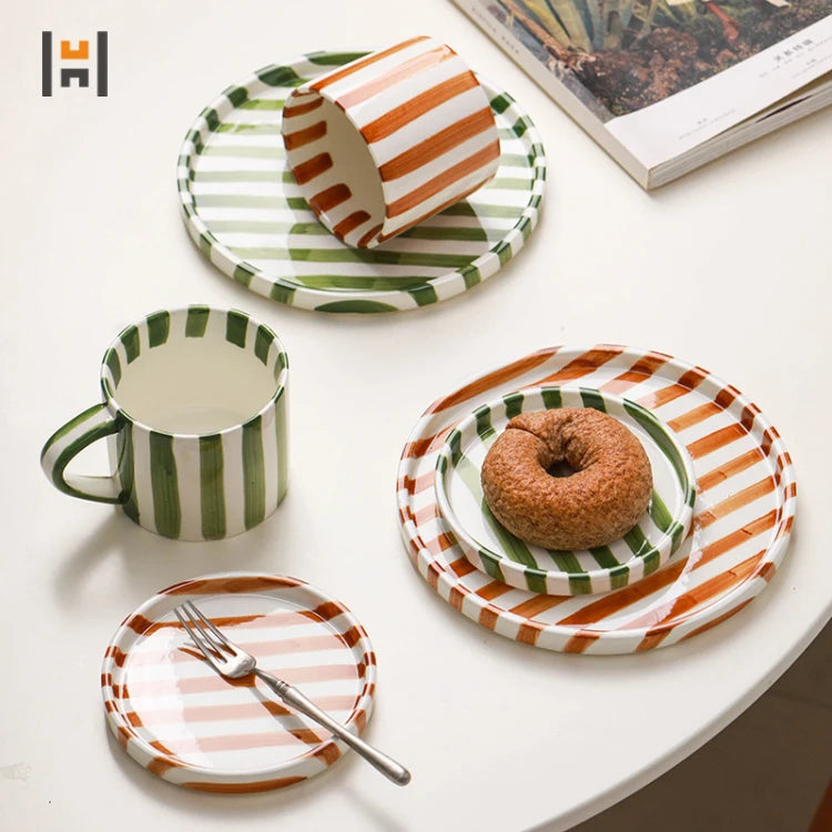 Red and White Striped Ceramic Coffee Cup and Saucer Set for Afternoon Tea Wholesale