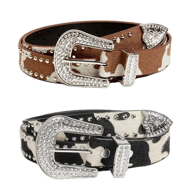 Fashion Custom Black Brown Cow Color Leather Belt Ladies Women Pu Belts With Rhinestone