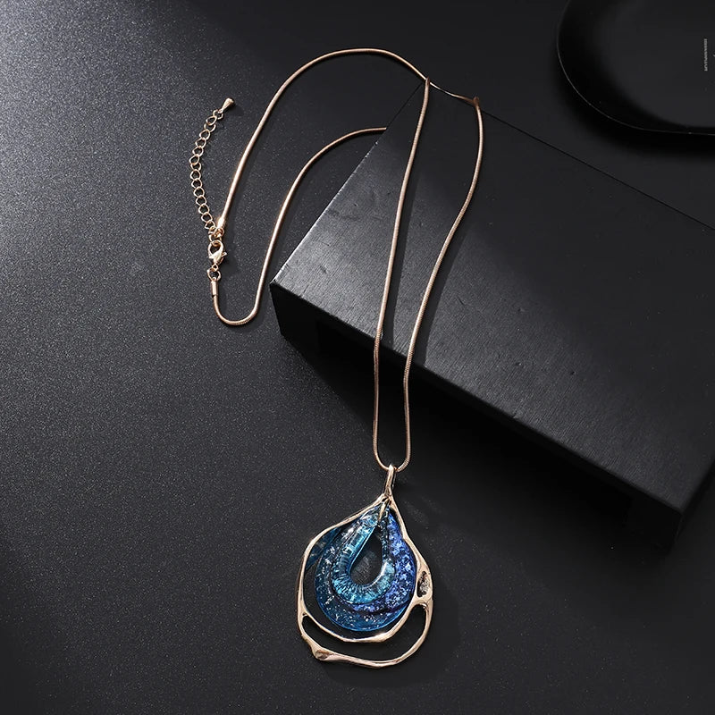 TongLing Drop Shape Pendant Necklace Unique Design Alloy Blue Resin Fashionable Adjustable Necklace for Daily Life